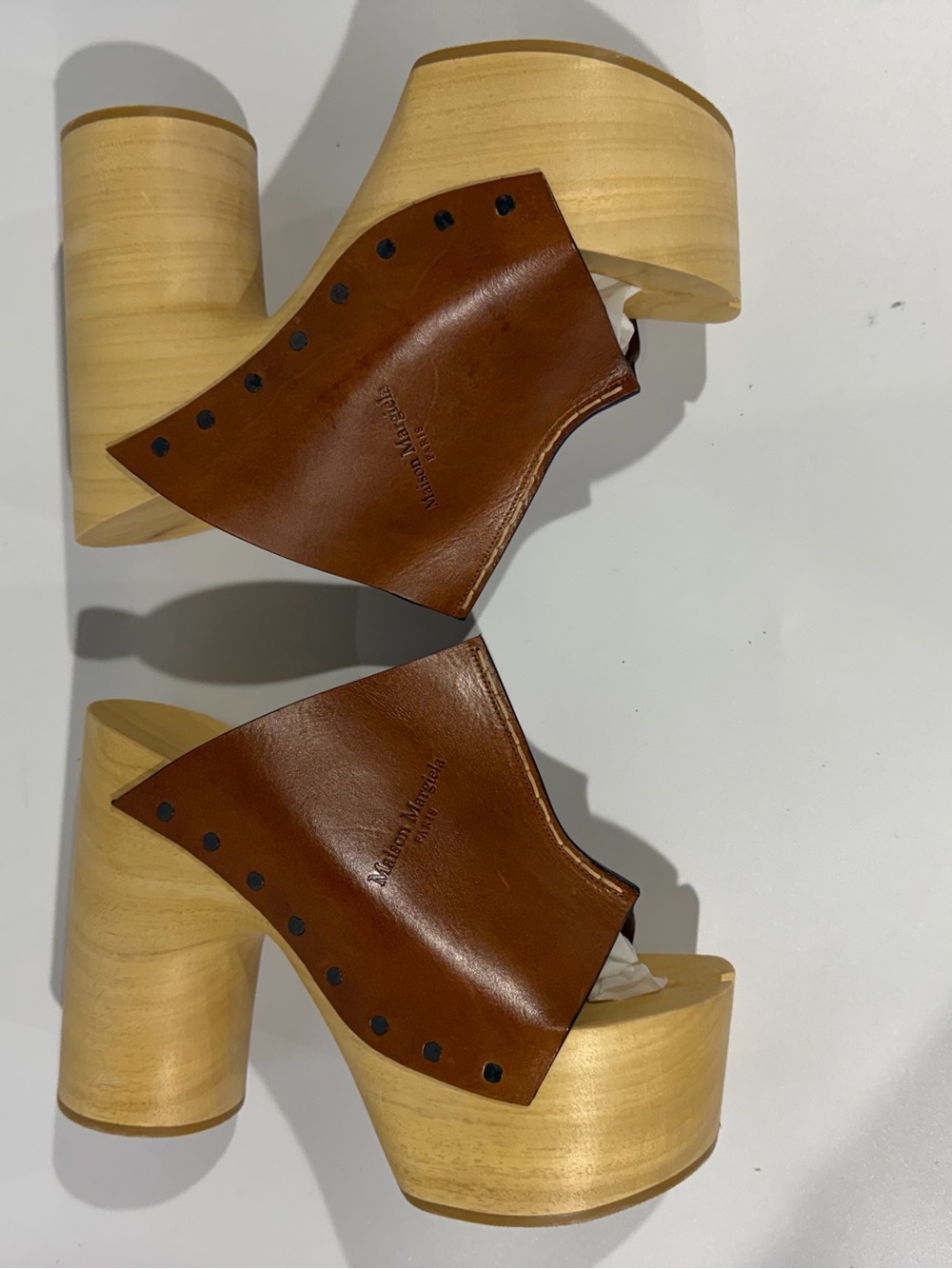 Maison Margiela Tabi Wood Sole Platform Brown Leather Mule Sandal Heels EU40 US9 - Picture 4 of 16